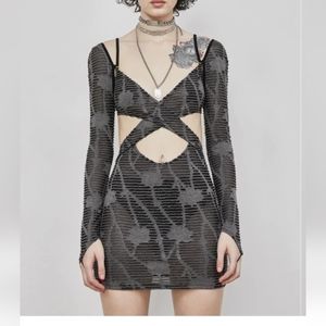 Dolls Kill Darker Wavs Grey/Black distressed wrap mini dress, size xs